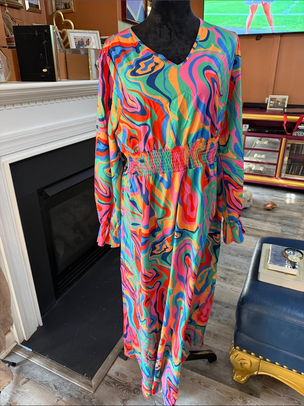 Multicolor Swirl V-Neck Maxi Dress with Smocked Waist